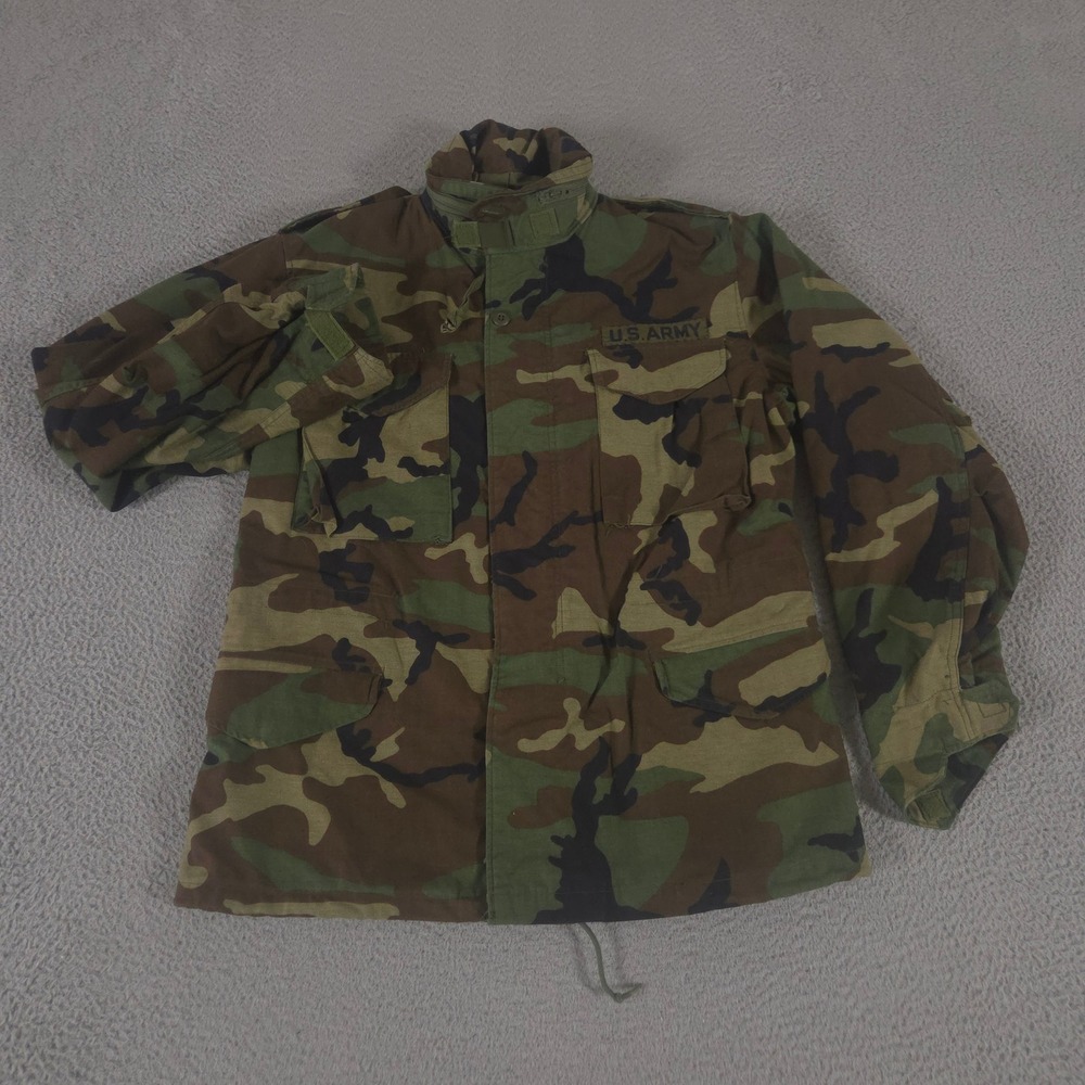 VINTAGE US Military Jacket Mens Medium Green Woodland Camo M-65 Field Coat 80s